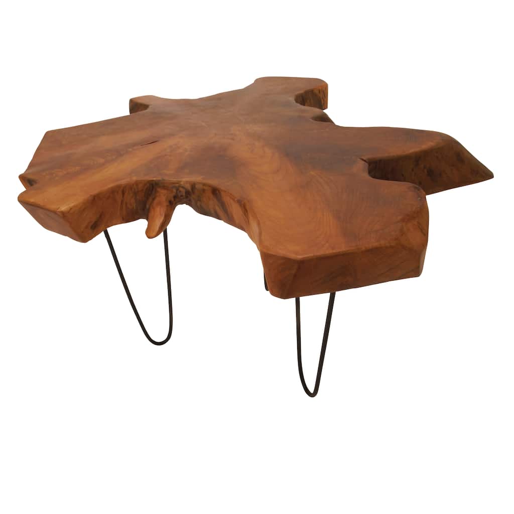 Teak Wood Handmade Live Edge Coffee Table with Black Metal Hairpin Legs - Brown - Roche River Decor