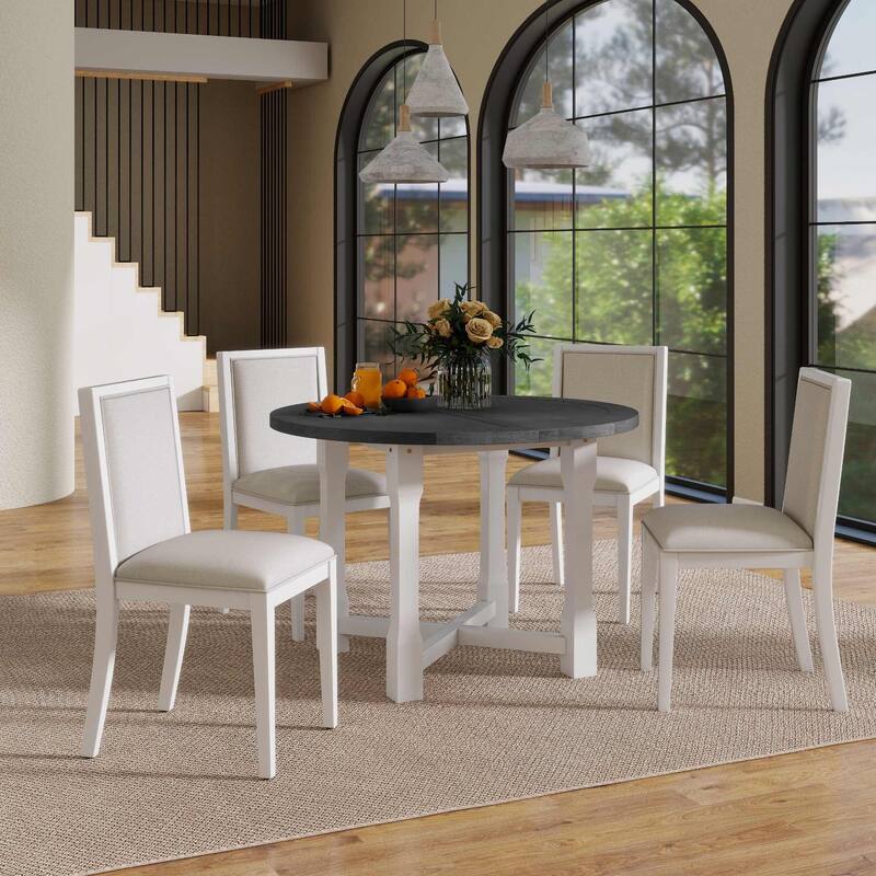 Farmhouse Extendable Dining Table Set Upholstered Chair 5-piece
