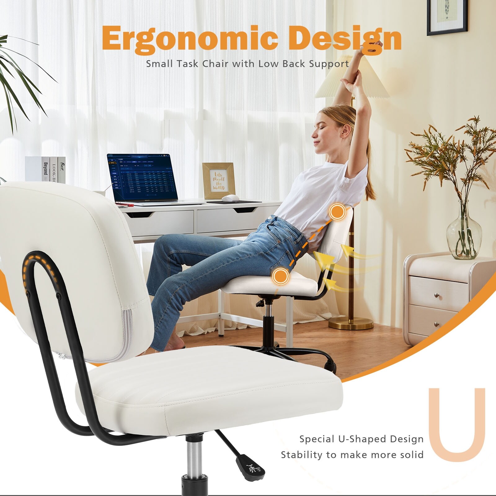 PU Leather Low Back Computer Chair with Lumbar Support Adjustable Height 360 Rolling Swivel Office Chair Ladies Makeup Chair Bed Bath Beyond 39428648