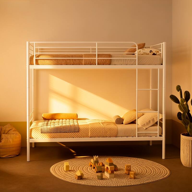 Convertible Twin Over Twin Metal Bunk Bed with Ladder & Safety Guardrail - White