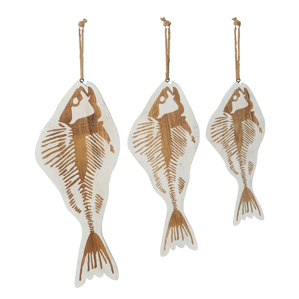 White Wood Fish Home Wall Decor with Hanging Rope (Set of 3)