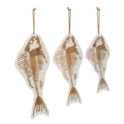 Wood Fish Wall Decor with Hanging Rope - Set of 3 White - Roche River Decor