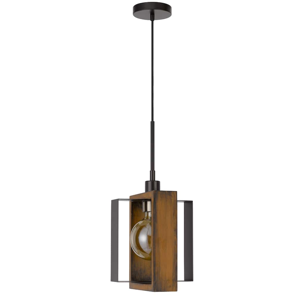 Gen 9 Inch Mini Pendant Light Fixture w Bulb, Black Metal, Pine Wood