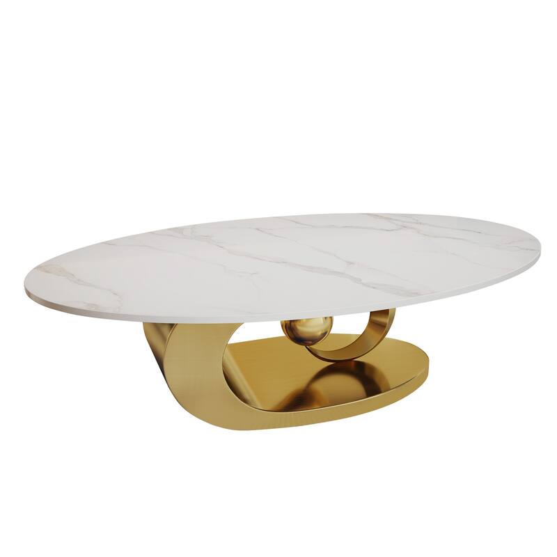 GDFStudio - Contemporary 49.2" Oval Sintered Stone Coffee Table with Sculptural Stainless Steel Base & Anti-tip Adjustable Feet