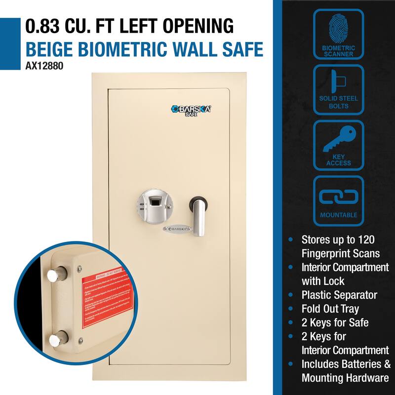0.82 Cubic Ft Left Open Beige Biometric Wall Safe