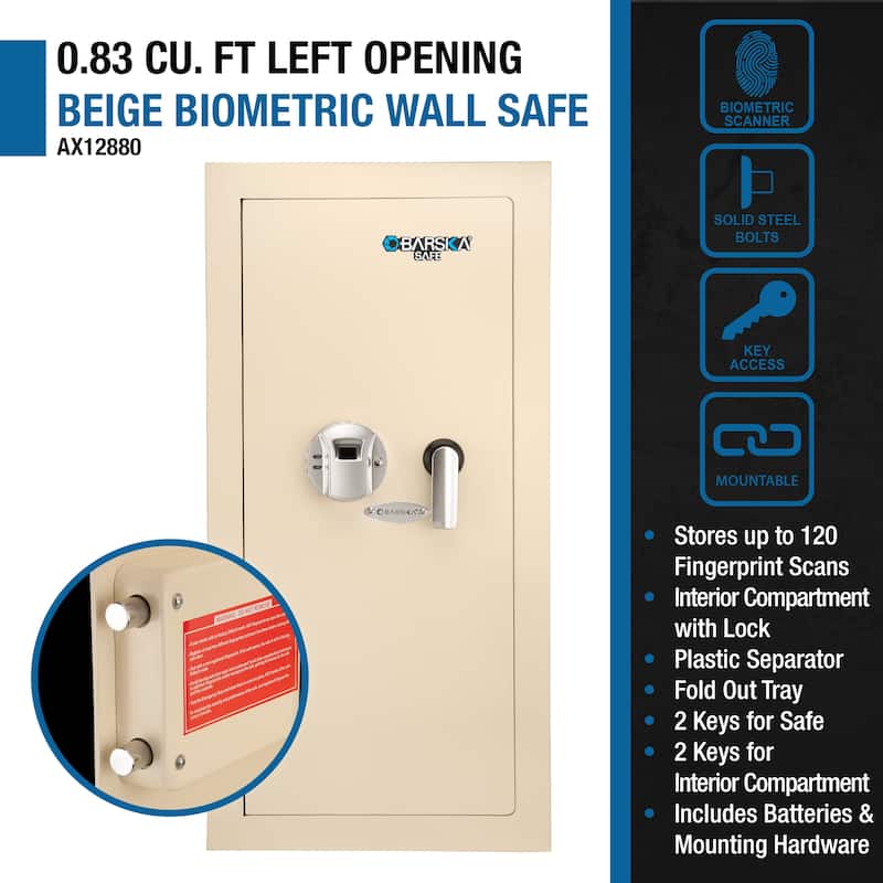 0.82 cubic ft left open beige biometric wall safe