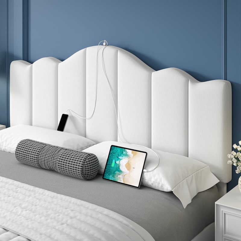 VECELO Upholstered Storage Bed Frames with Charging Stations and 4 Rolling Drawers on Both Sides Vertical Stripe Design