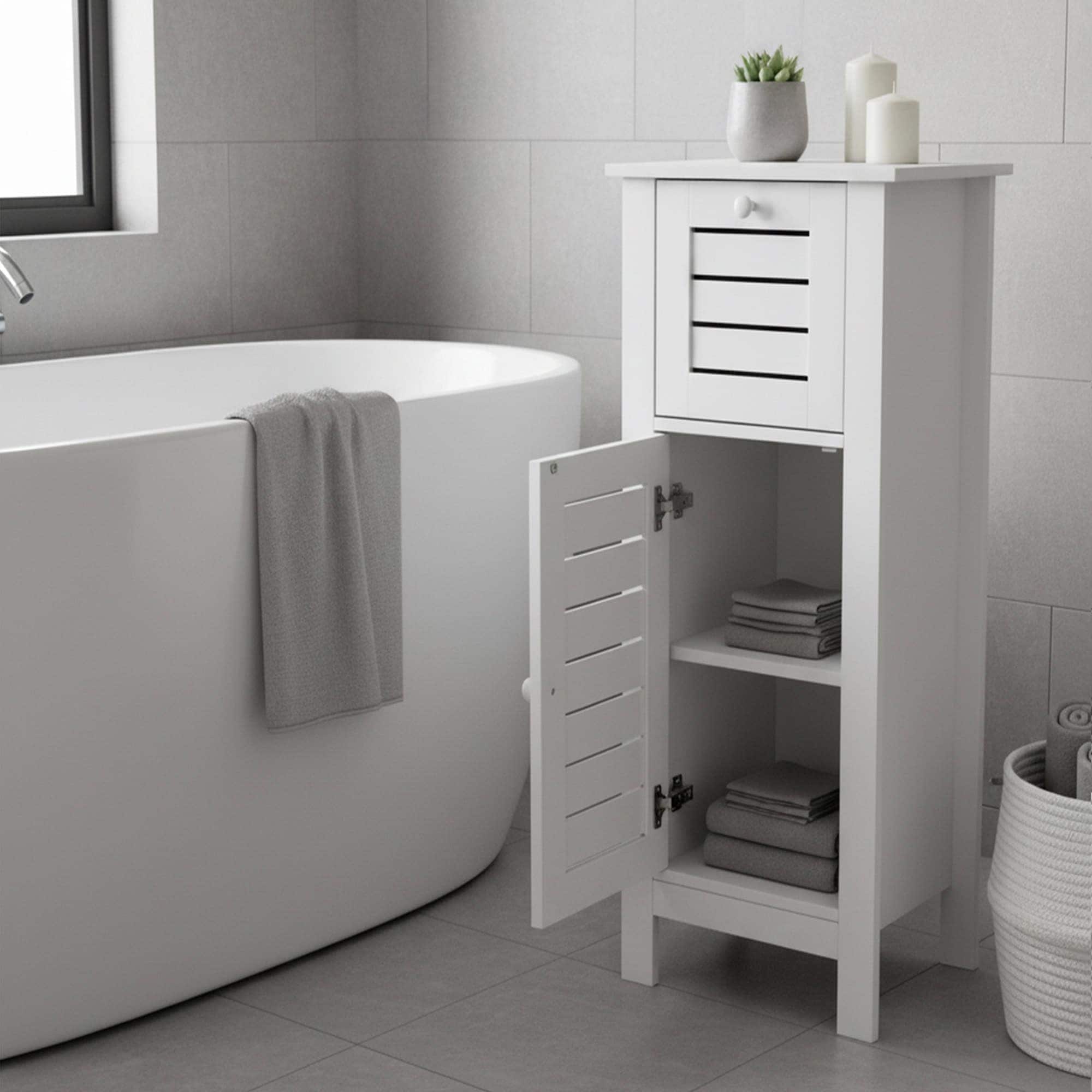 Santorin Compact White Bathroom Storage Cabinet with Drawer and Vented Door - 14.7"L x 11.13"W x 32.12"H