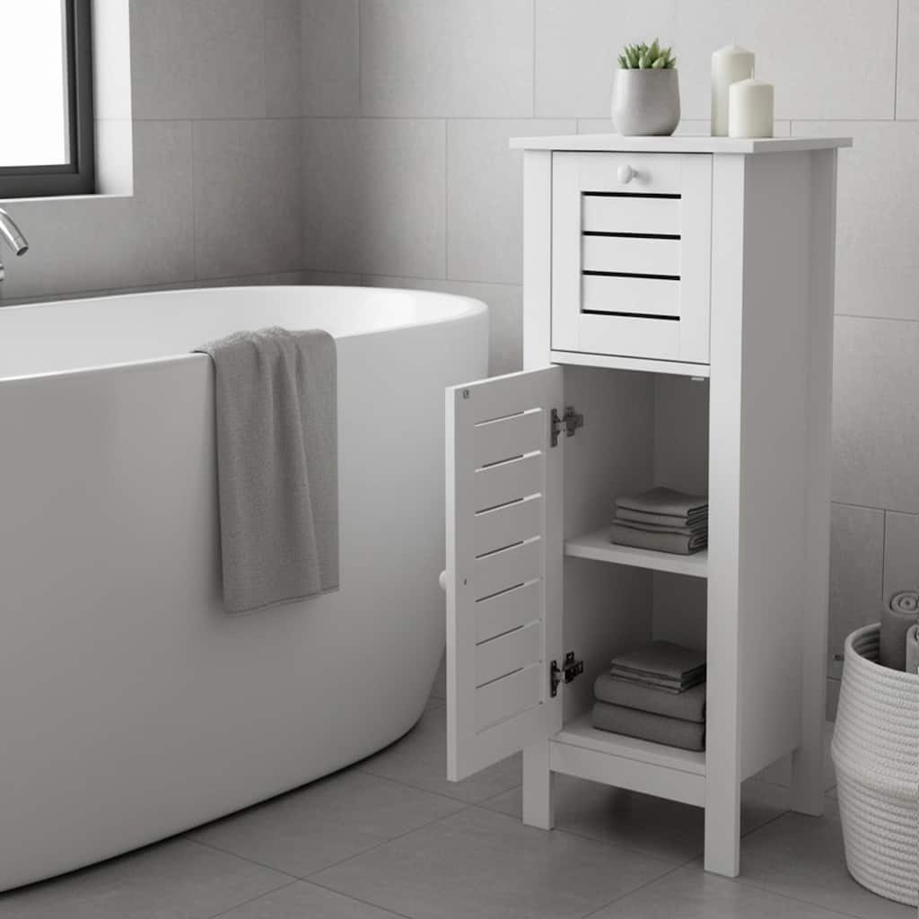 Santorin Compact White Bathroom Storage Cabinet with Drawer and Vented Door - 14.7"L x 11.13"W x 32.12"H