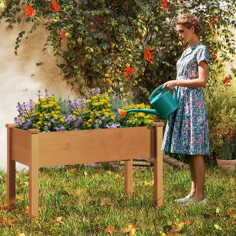 Gymax Raised Garden Bed Elevated Fir Wood Planter Box w/ Drain Hole