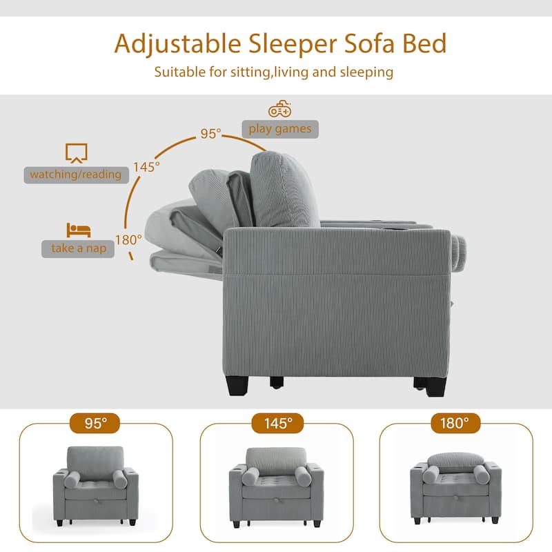 2 Set 3-in-1 Adjustable Recline Convertible Chair Bed Sleeper with USB Port