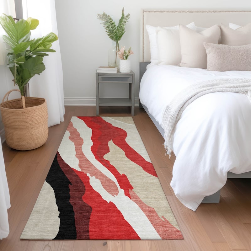 Machine Washable Indoor/ Outdoor Abstract Contemporary Chantille Rug - Red - 2'3" x 7'6"