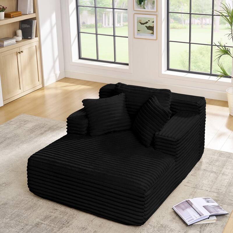 Fluffy Corduroy Upholstered Cloud Chaise Lounge Sofa Bed, Versatile Foam Compressed Deep Seat Couch with Pillows - Black