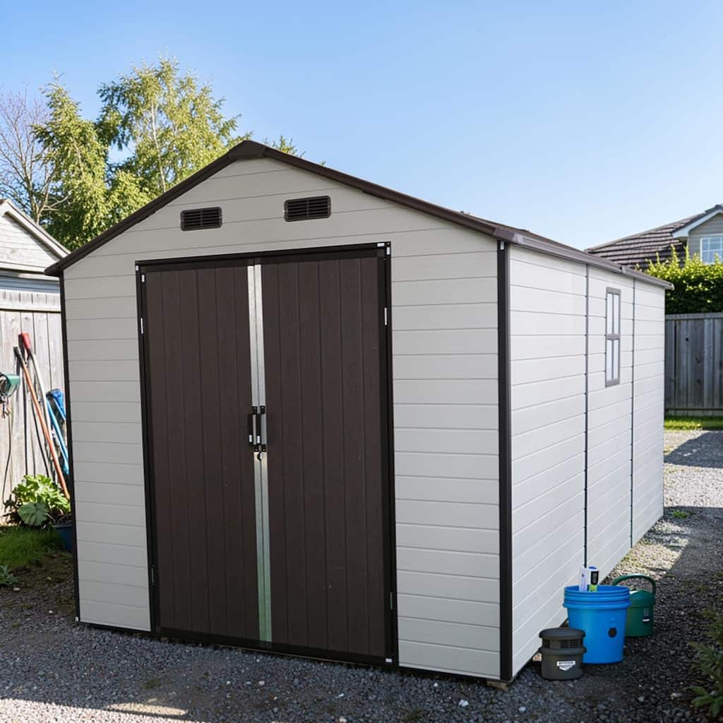 8x14 FT Resin Storage Shed with Floor, Aluminum Frame, Windows, Large Outdoor Garden Shed for Backyard