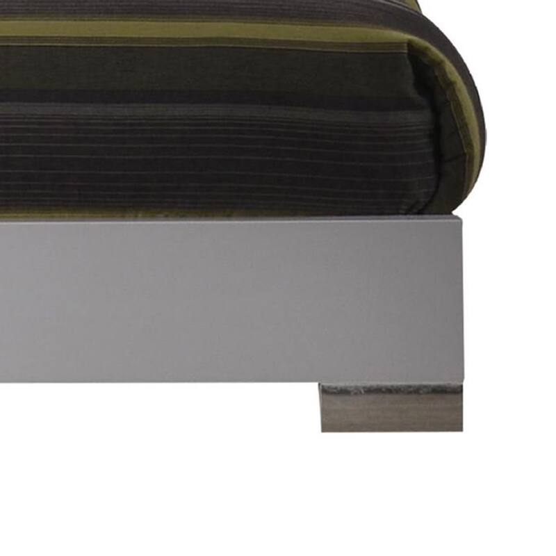 Wooden queen size bed with block legs and Crystal Accented Headboard, White