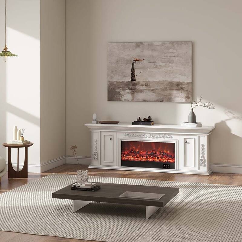 78.74" Modern Electric Fireplace TV Stand with LED Flame Effects，Beige TV Console, 2 Drawers, MDF