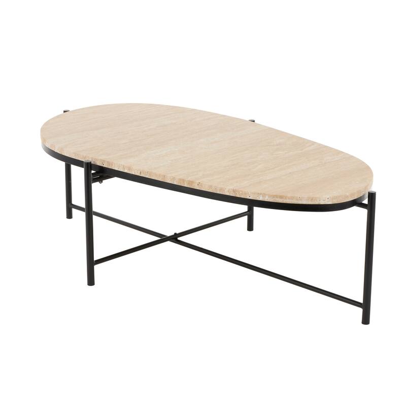 Beige Marble Living Room Coffee Table with Black Metal Support