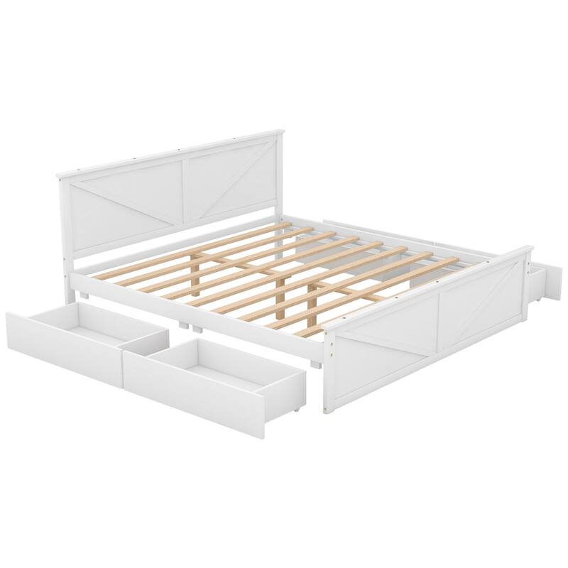 Wooden platform bed with four storage drawers