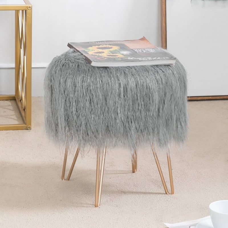 Adeco Vanity Stool Chair Soft Furry Footrest Stool Make Up Ottoman