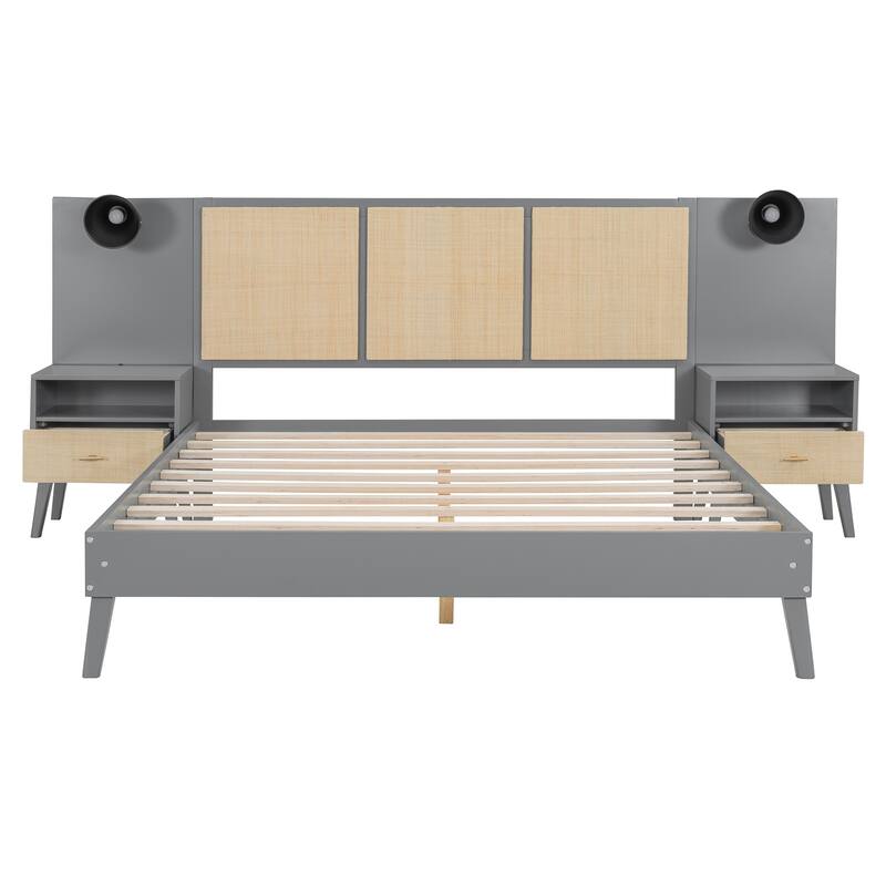 Queen Size Bed Frame, Nightstands & Headboard 3 in 1 Slats Platform Bed with Drawers and Lamps, Rattan Design for Bedroom