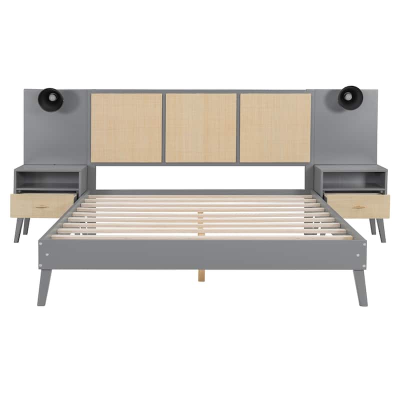 Queen Size Platform Bed with 2 Nightstands and 2 Lamps, Wooden Bed Frame with Elegant Rattan Headboard and Wood Combination