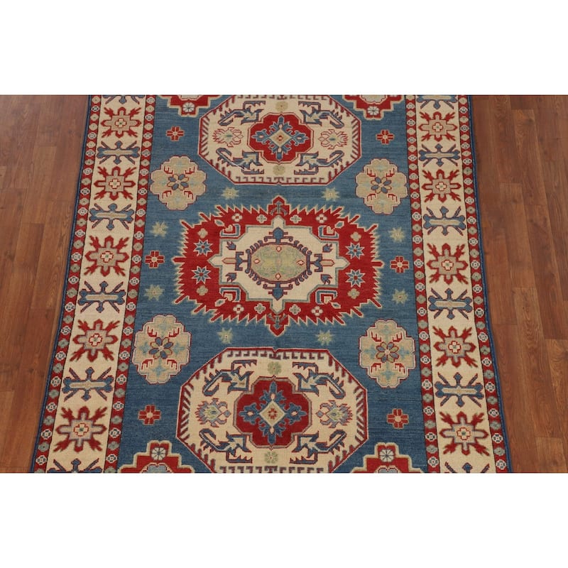 Blue Geometric Kazak Oriental Area Rug Bedroom Handmade Wool Carpet - 4'10" x 6'11"