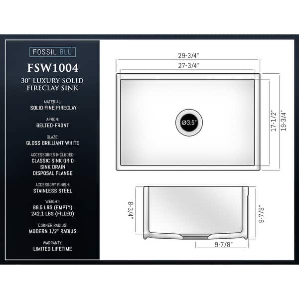 Fossil Blu 30-Inch SOLID Fireclay Farmhouse Sink in White, Stainless Steel Accessories, Belted Front - 30 x 20 x 10