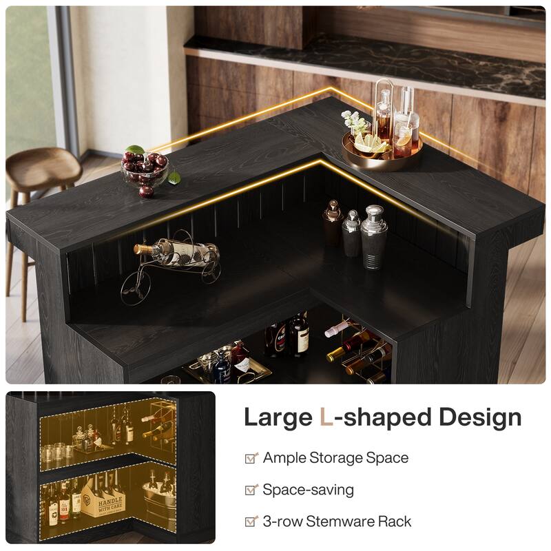Home Bar Unit, Corner Liquor Bar Table with Storage Shelves & Wine Glass Holder, Pub Reception Accent Cabinet Desk
