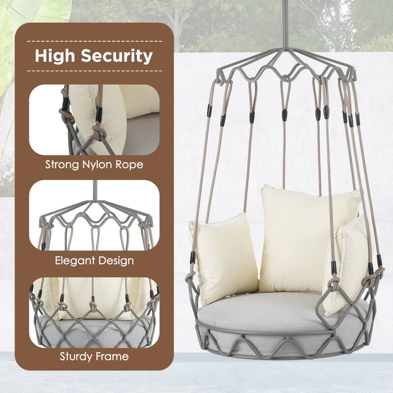 Iron Frame Hanging Basket Chair with Includes 8" UV-Resistant Cushion, 300lb Capacity