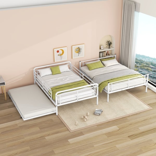 slide 2 of 14, Contemporary & Simple Style Full XL over Queen Metal Bunk Bed with Twin Size Trundle, Save Space or Split Into 2 Beds, White White