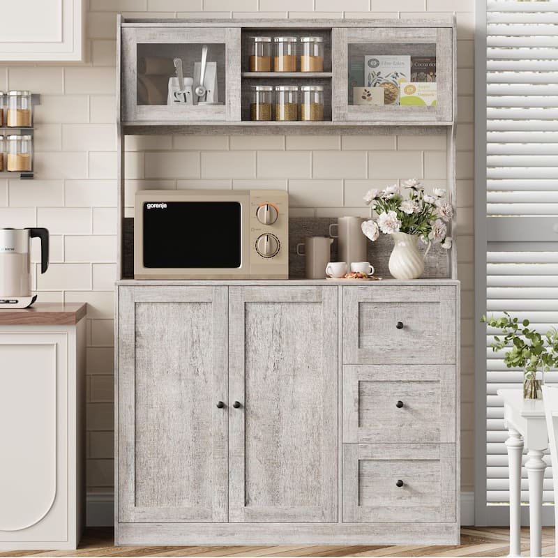 67" Tall Kitchen Hutch Storage Cabinet, Farmhosue Coffee Bar Cabinet with 3 Drawers