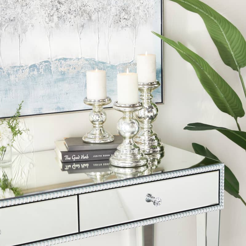 Glass Turned Style Pillar Candle Holder - Set of 3 Silver - Roche River Decor - 5"W x 5"L x 10"H