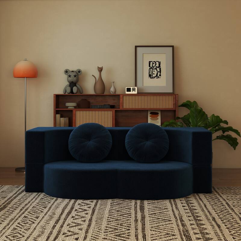 Modern 2-Seater Sofa Multi-Functional Folding Sofa Bed with Pillow, Curved Armrest, for Living Room, Apartment, Blue - Blue