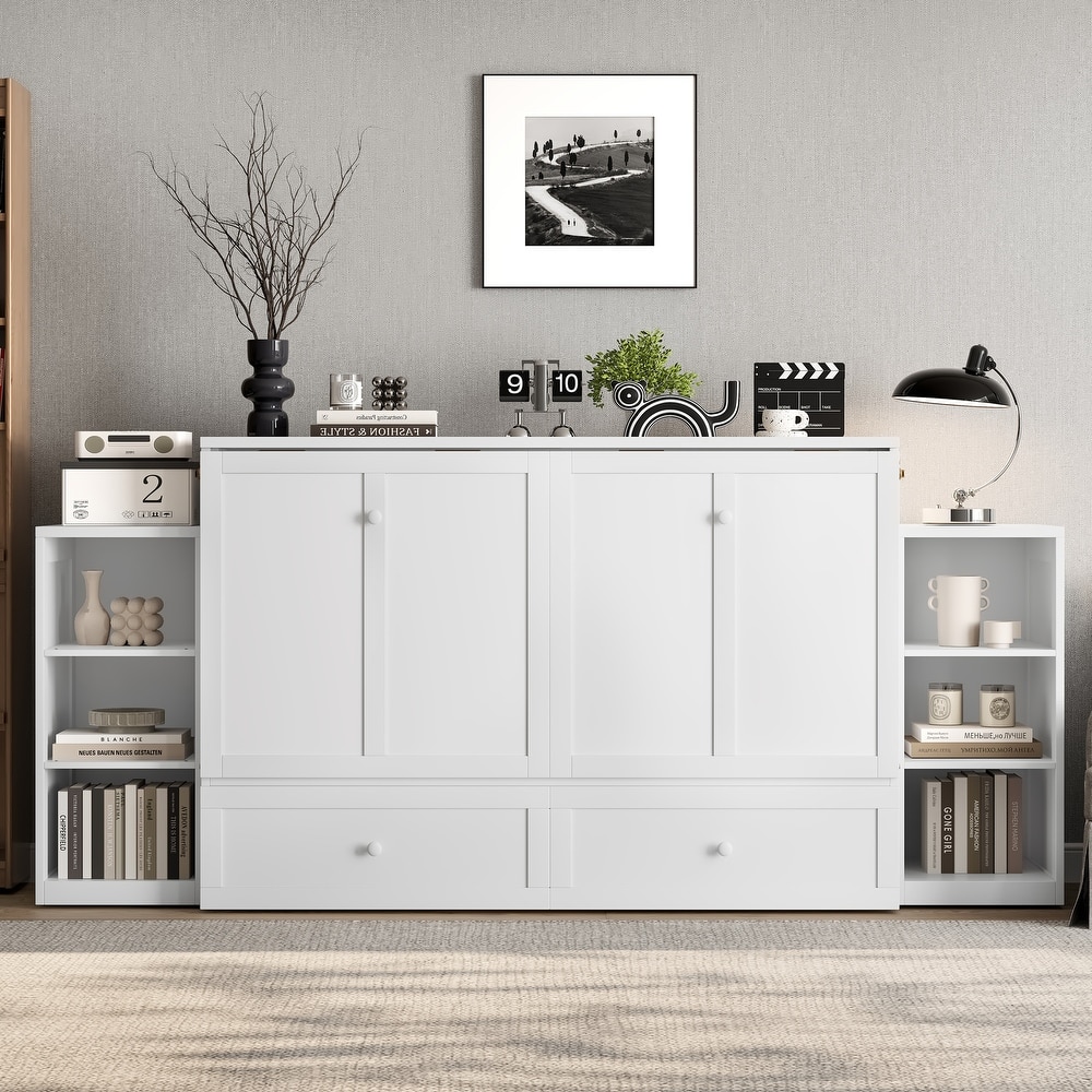 Foldable Wall Cabinet Queen Murphy Bed with Drawers and Open Shelves