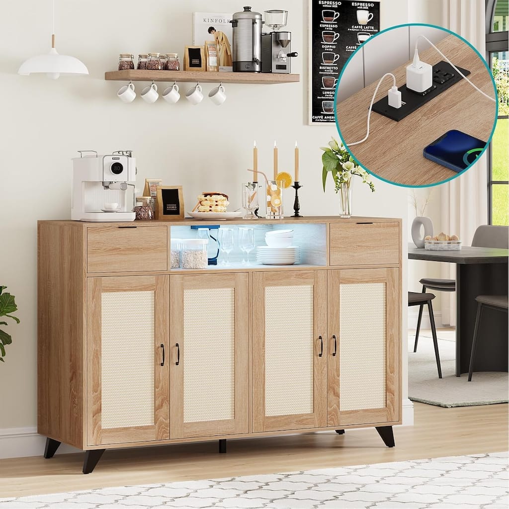 Sideboard Buffet Cabinet, 4 Rattan Doors 2 Drawers Accent Storage Cabinet