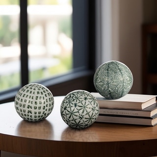Sagebrook Home Set of 3 Ceramic Ball 4" Set of Green and White Decorative Round Table Orbs - 4" x 4" x 4"