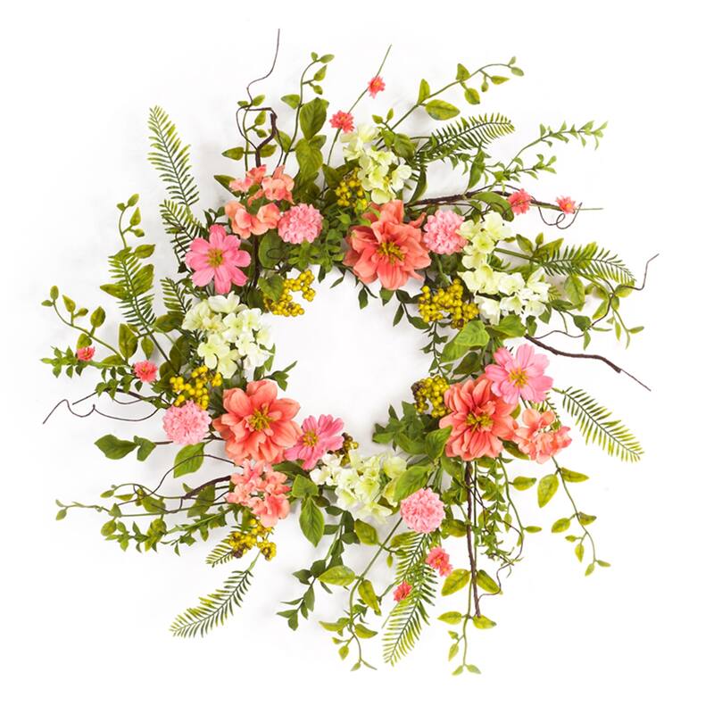 Artificial 27" Spring Wreath with Mixed Flowers and Berries Lifelike Cosmos and Greenery Decor