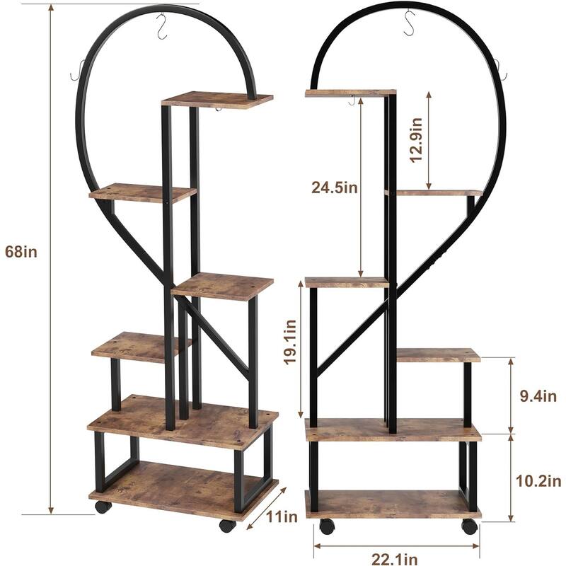 6 Tier Tall Plant Stand Metal Indoor Plant Stand with Detachable Wheels Half Heart Shape Plant Stands