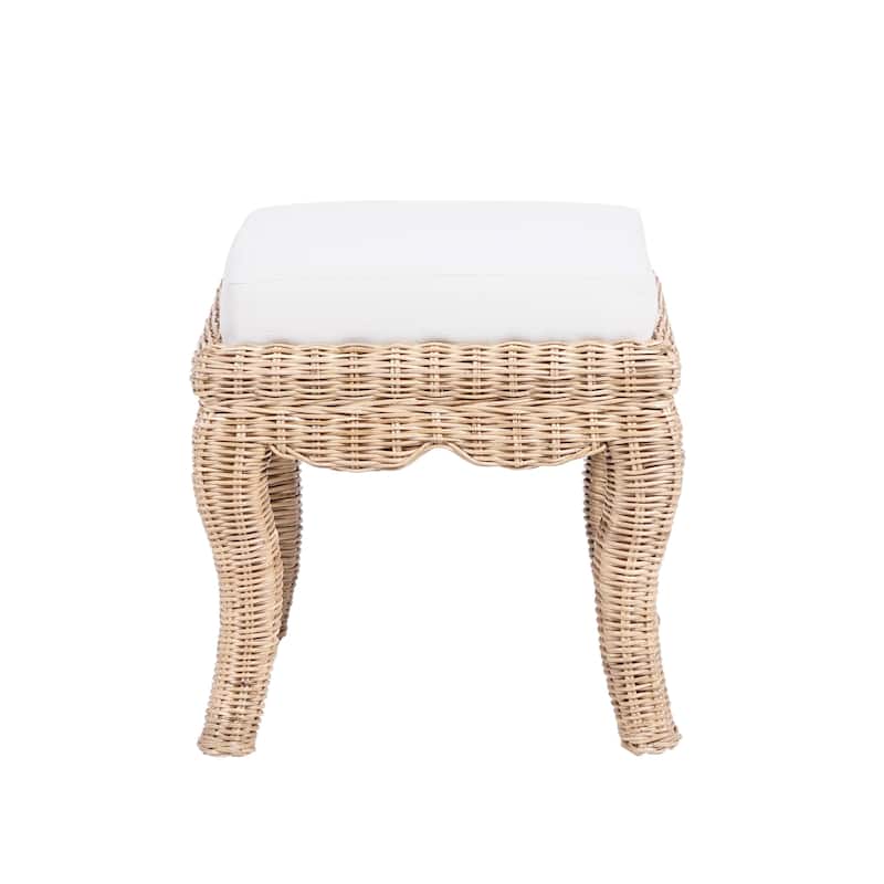 Praerie 19.7" Woven Rattan/Wood Vanity Stool, White Cushion with Natural Frame, by JONATHAN Y - 19.68"