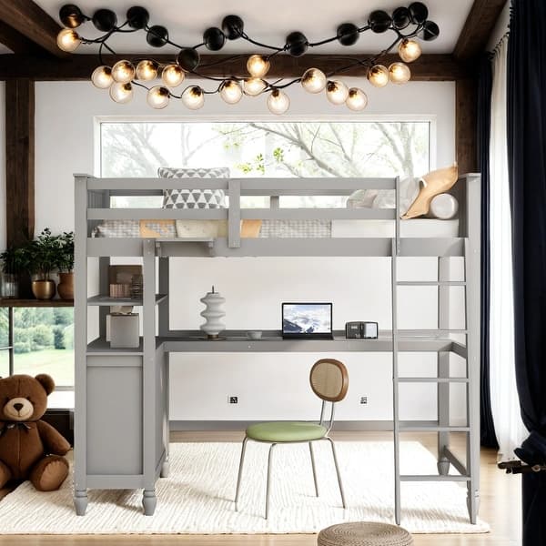 slide 2 of 15, Versatility Galore Twin Wooden Loft Bed with Shelves Drawers and Desk Grey