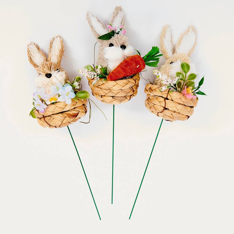 4" Easter Sisal Bunny in Basket on 5.5" Wire Pick, Set of 3 - 10