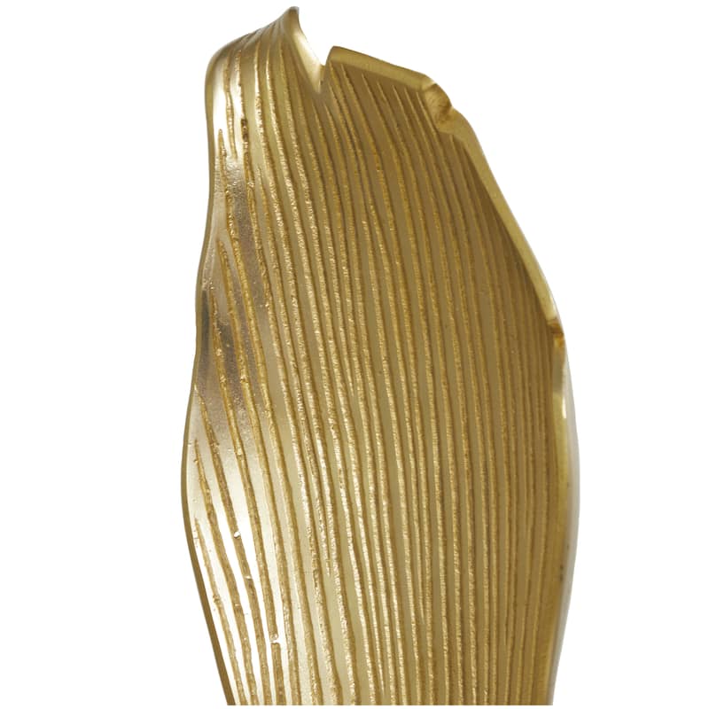 Gold Aluminum Metal Textured Leaf Abstract Sculpture with Black Marble Base