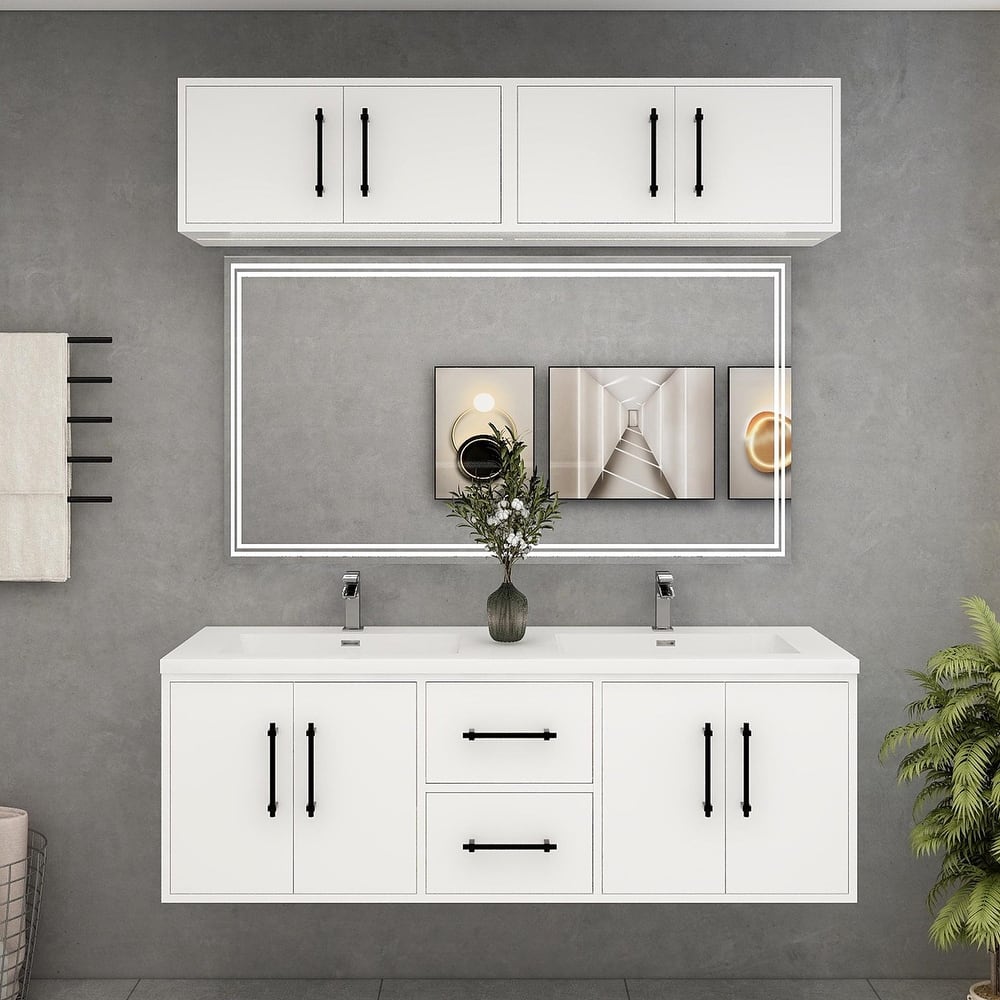 Victoria 60'' Wall-Mounted Double Sink Vanity Set with LED light Top Cabinet