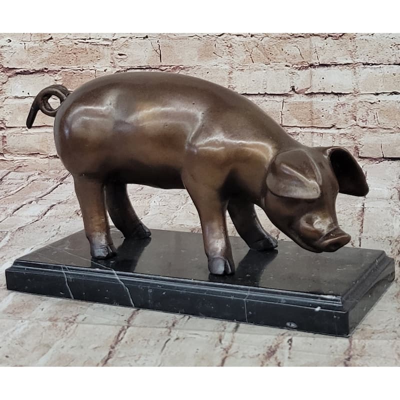 Bronze Metal Pig Sculpture Statue Figure On Marble Base Signed Art Decor Farm Animal