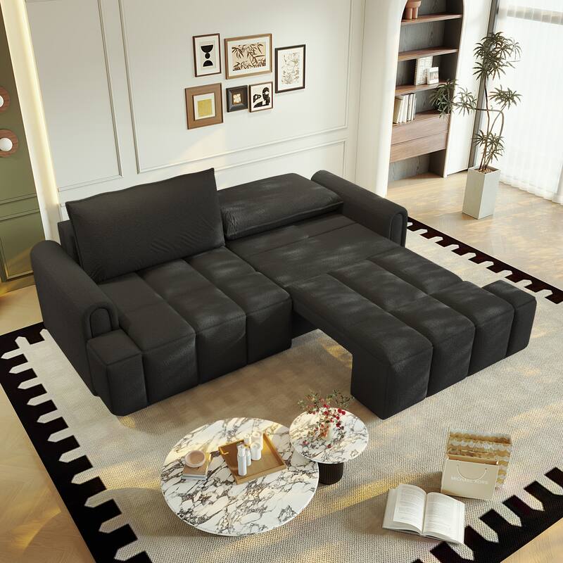 90.2" Sleeper Sofa with Pull-Out Bed, 3-in-1 Convertible Sofa Bed, Large Teddy Loveseat with Adjustable Backrest & Storage Seats