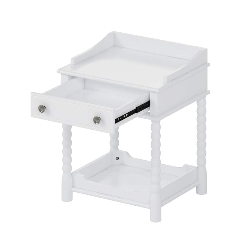 Retro Style Nightstand With Drawer And Open Shelf, Bedside Table With Turned Legs And Metal Handle