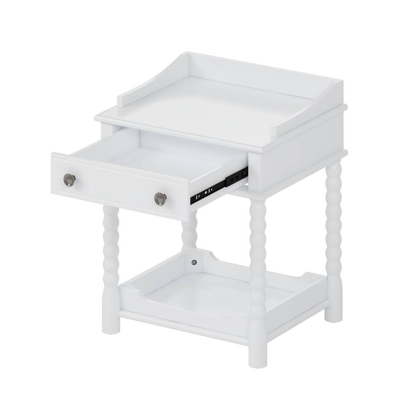 Wooden Nightstand with Drawer and Open Shelf, Accent Nightstand with Turned Legs, Sofa Side Table with Metal Handle