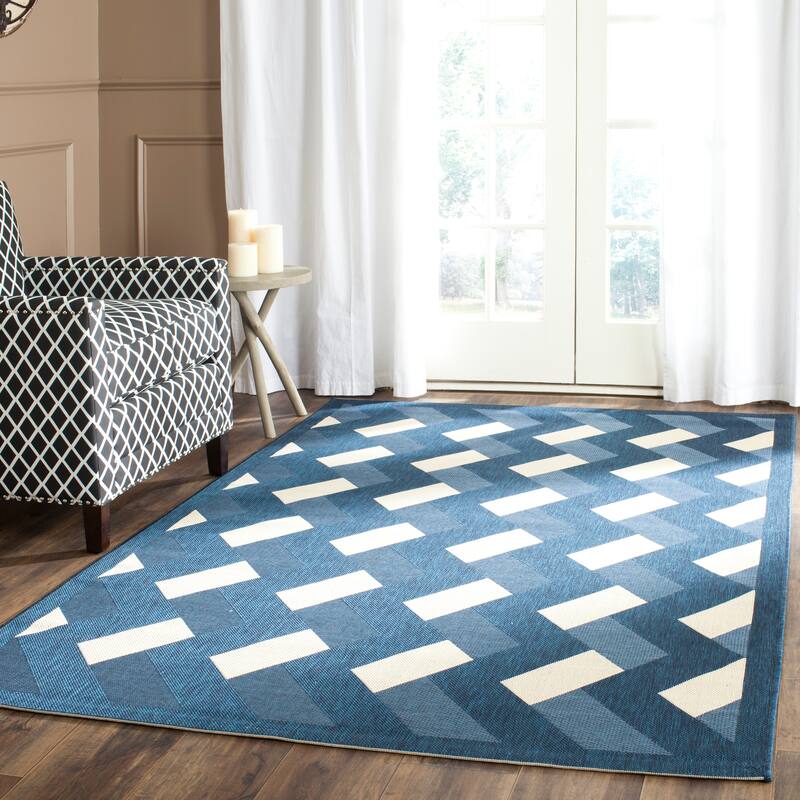 SAFAVIEH Courtyard Norita Indoor/ Outdoor Waterproof Patio Backyard Rug - 4' x 5'7" - Navy/Beige