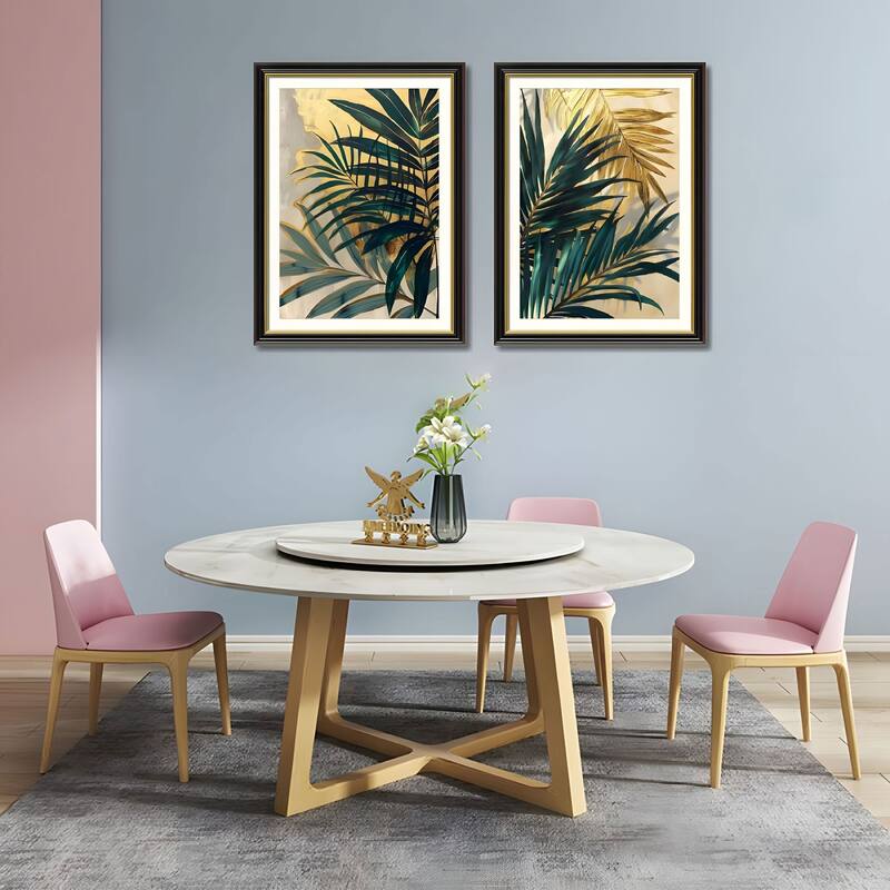 Set of 2 Tropical Palm Leaf Framed Wall Art - Replaceable Canvas Prints with Solid Wood Picture Frames, Modern Botanical