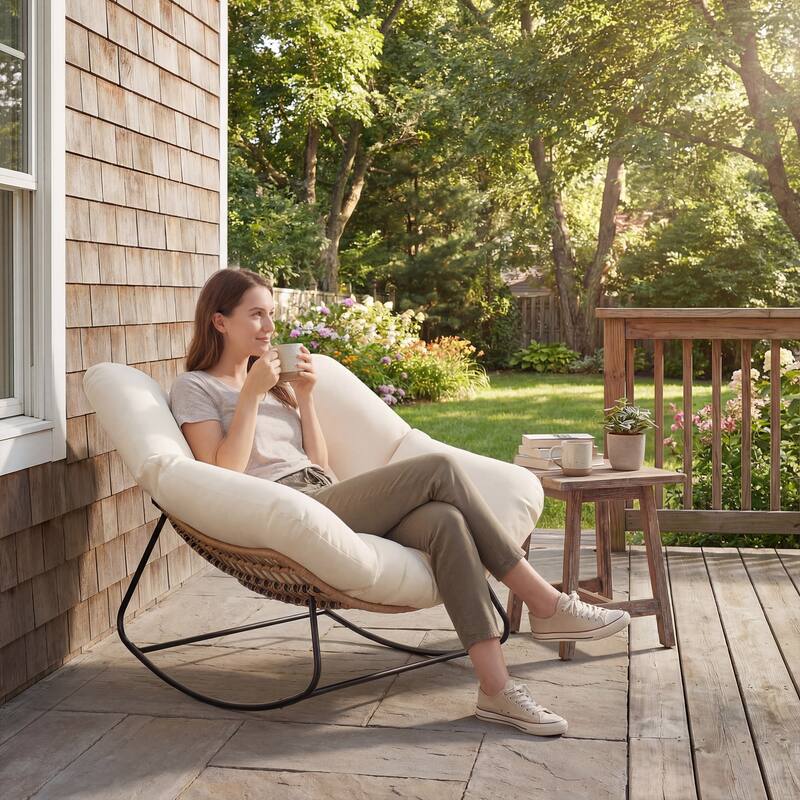 Outsunny Papasan Rocking Chair, Wicker Oversized Indoor Outdoor Rocking Chair with Cushion